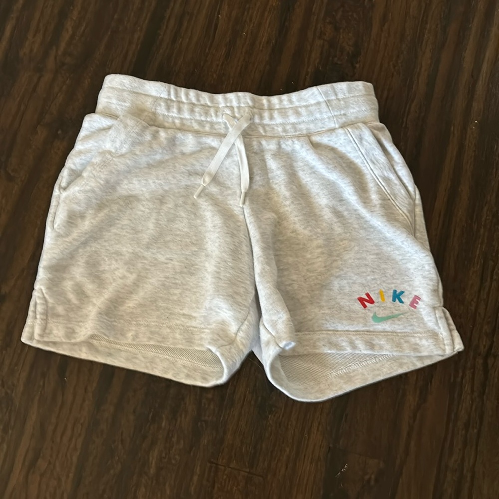 Nike fleece shorts, size medium, light gray with rainbow Nike logo